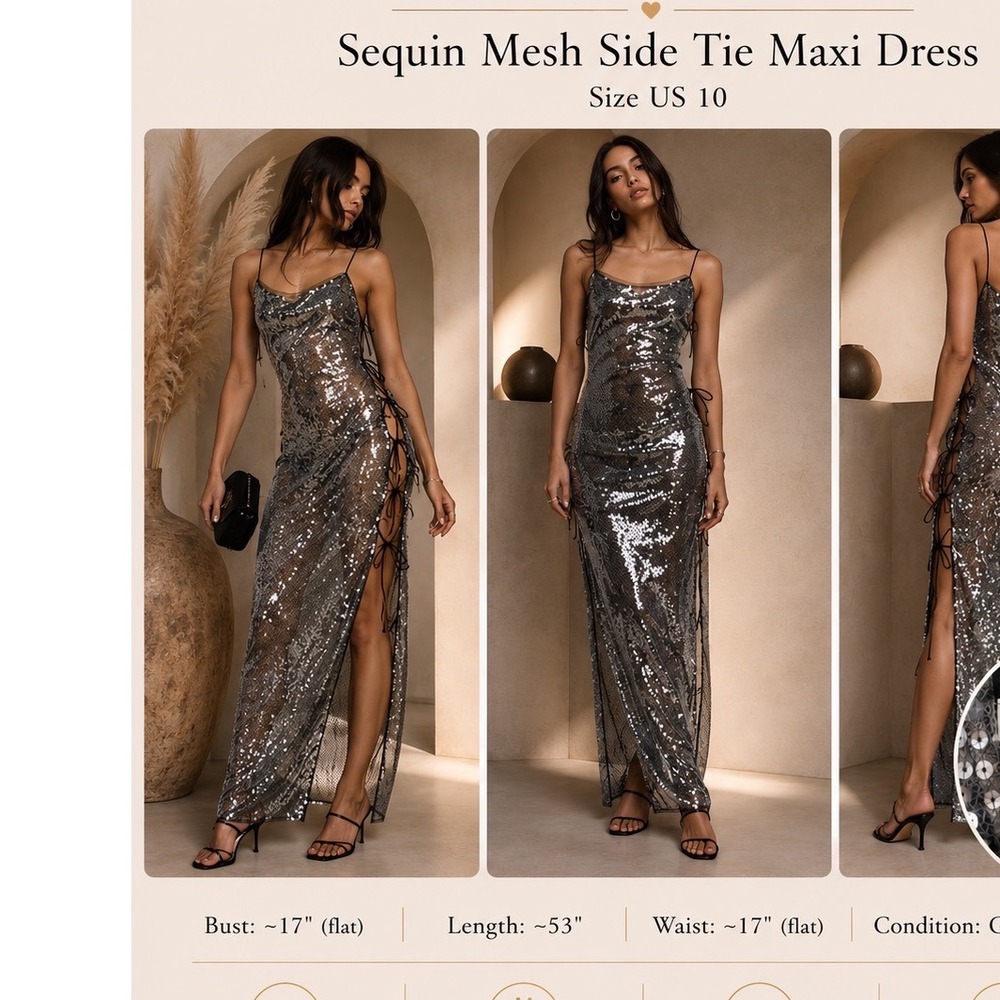 Topshop Sequin Mesh Side Tie Maxi Dress Silver US 10 Y2K Glam Festival Gown